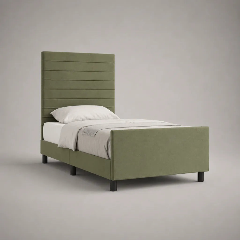 Polsterbett Einzelbett mit 100 % Polyester-Samtbezug, Olivgrün, Liegefläche 90 × 200 cm, Gesamtmaß 211 × 101 × 130 cm