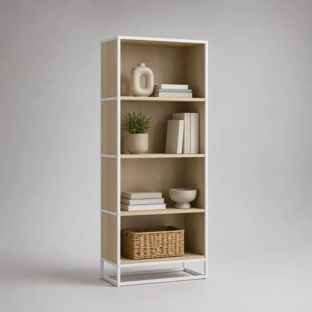 Bücherregal Standregal mit 4 Fächern aus Spanplatte und Stahl, Eiche hell und Weiß, 60 × 35 × 160 cm