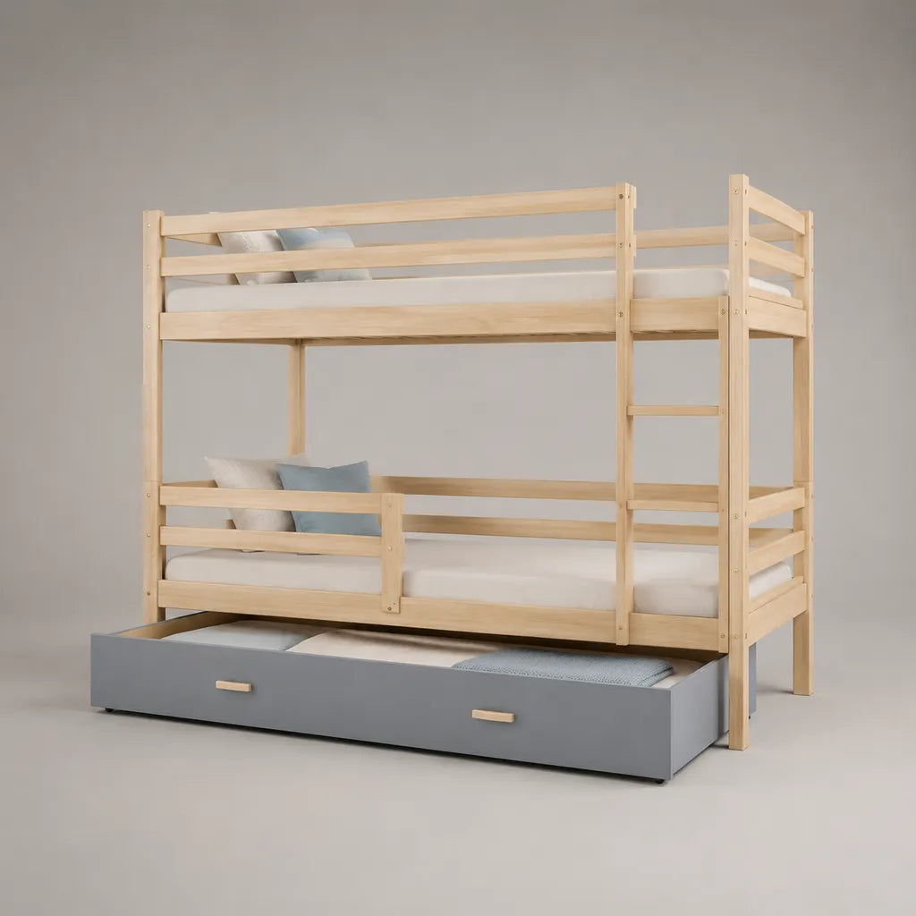 Etagenbett mit Ausziehbett aus massivem Kiefernholz und MDF, 3 Liegeflächen 90 x 200 cm und 90 x 190 cm, 207 x 98 x 160 cm, Natur/Grau