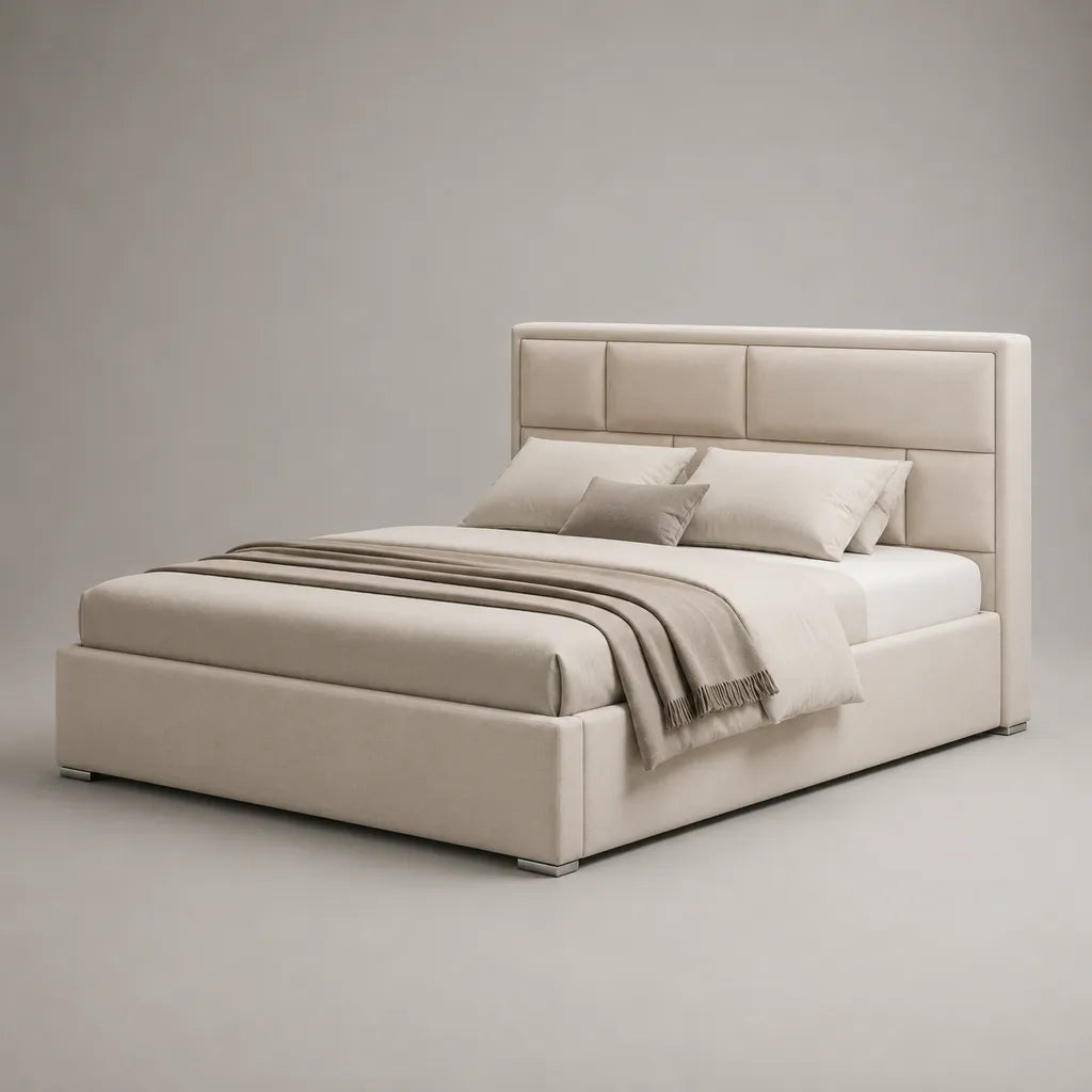 Polsterbett Doppelbett mit Polyesterbezug und gepolstertem rechteckigem Kopfteil, Beige, Liegefläche 160 × 200 cm, Außenmaß 218 × 170 × 120 cm