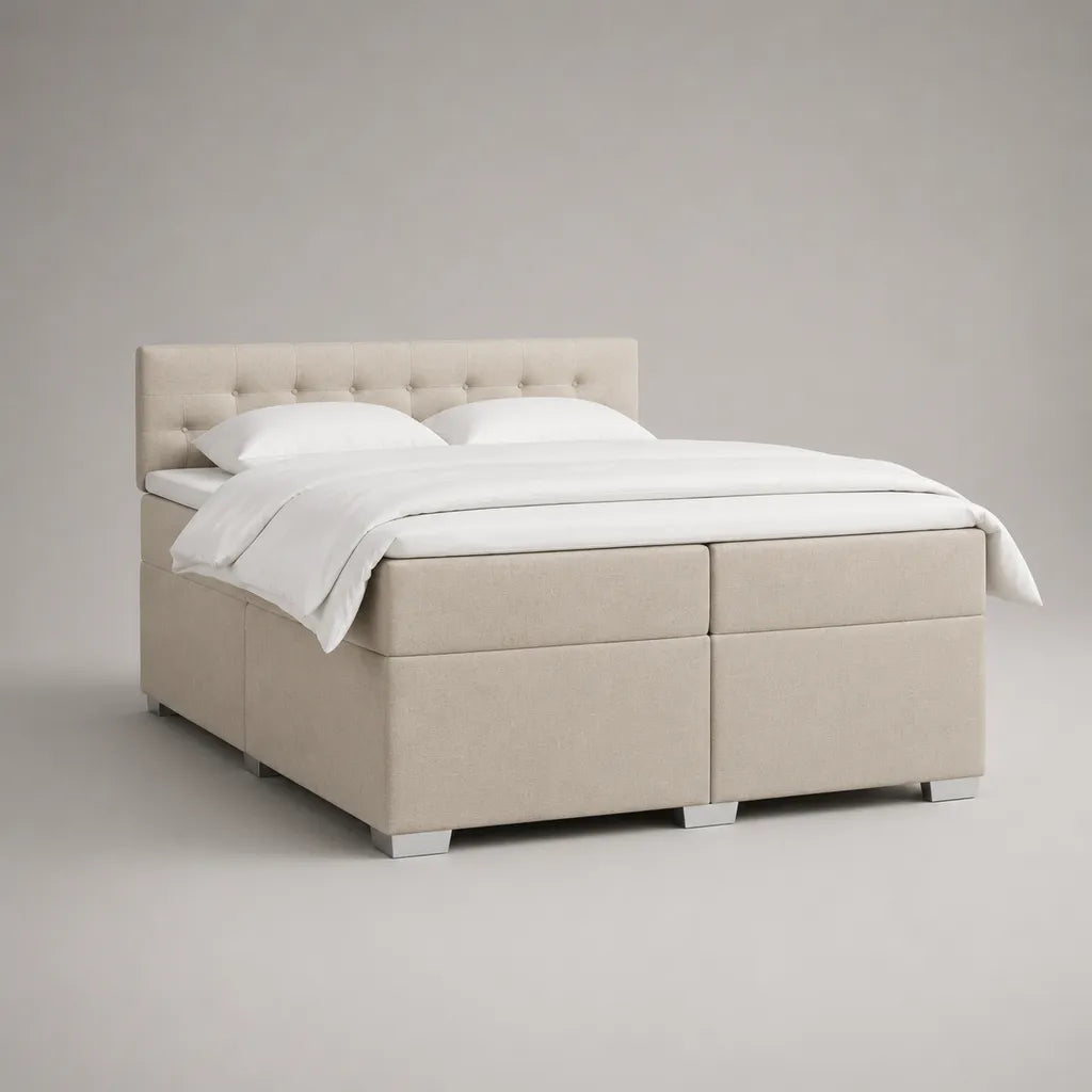 Boxspringbett 180 × 200 cm mit 2 Matratzen, gepolstertem Kopfteil und Polyesterbezug, Beige
