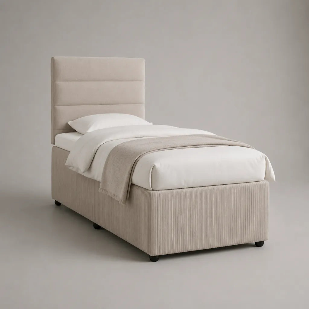Beiges Polsterbett mit Kopfteil und Polyester-Cord, Liegefläche 90 × 200 cm, Gesamtmaß 210 × 100 × 125 cm