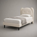 Kinder-Polsterbett mit Bärenohren, Polyesterbezug in Creme, schwarze Füße, Liegefläche 90 × 200 cm, Gesamtmaß 215 × 102 × 130 cm