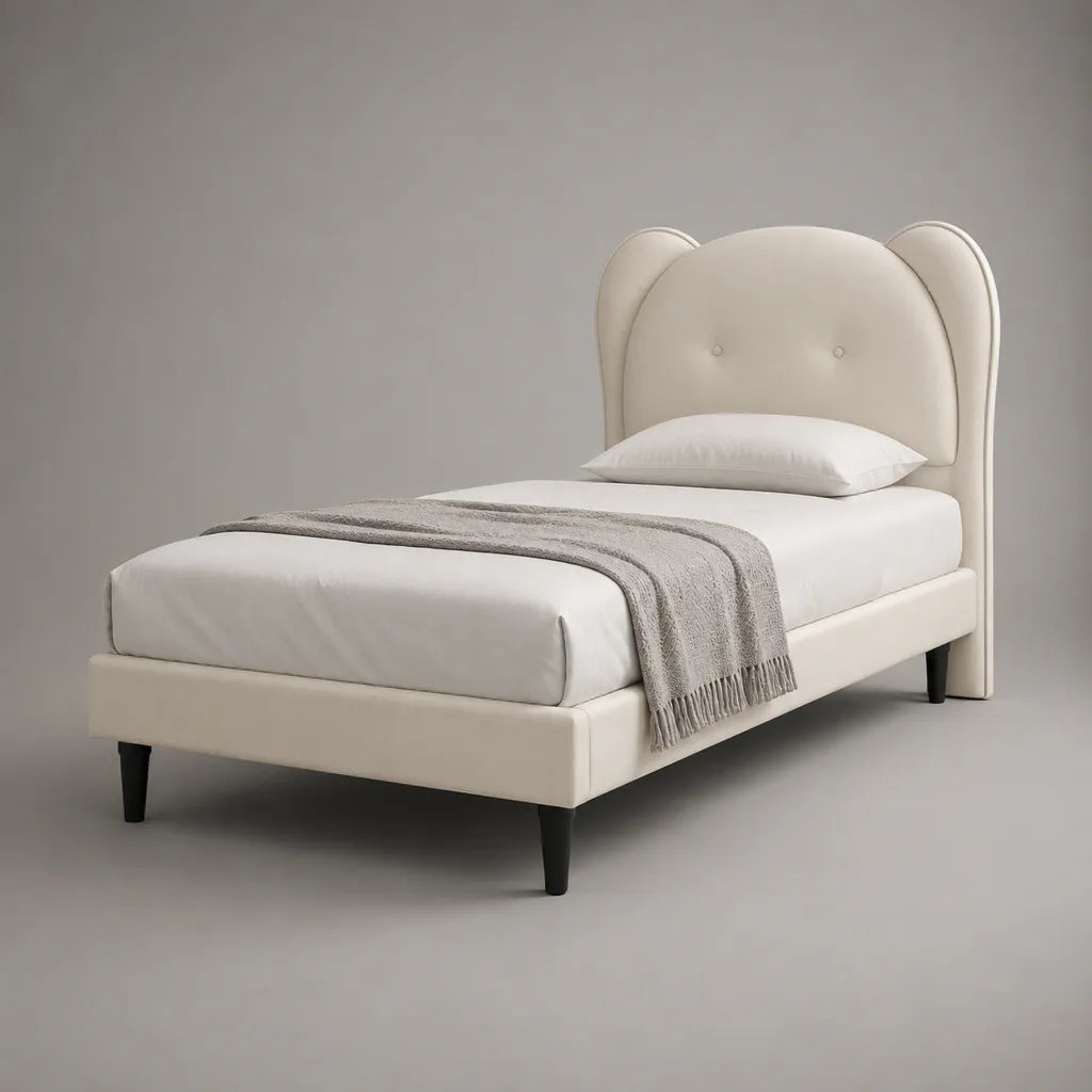 Kinder-Polsterbett mit Bärenohren, Polyesterbezug in Creme, schwarze Füße, Liegefläche 90 × 200 cm, Gesamtmaß 215 × 102 × 130 cm
