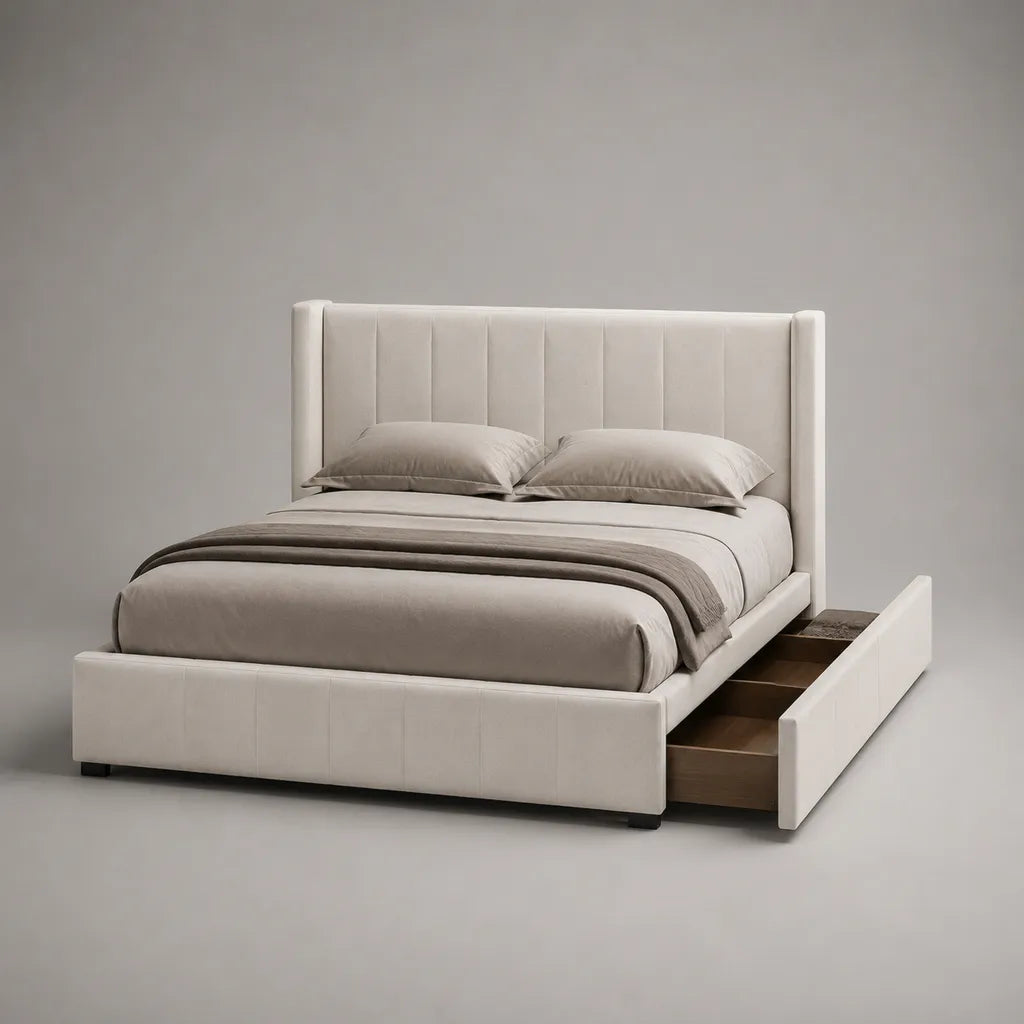 Polsterbett mit Seitenschublade, Liegefläche 160 x 200 cm, Gesamtmaß 220 x 180 x 120 cm, Polyester-Mikrofaser, Beige