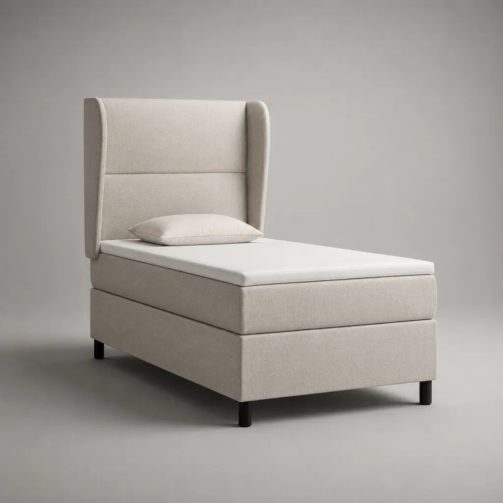 Boxspringbett 90 × 200 cm mit Matratze, Topper und Flügelkopfteil, Polyester, Cremeweiß