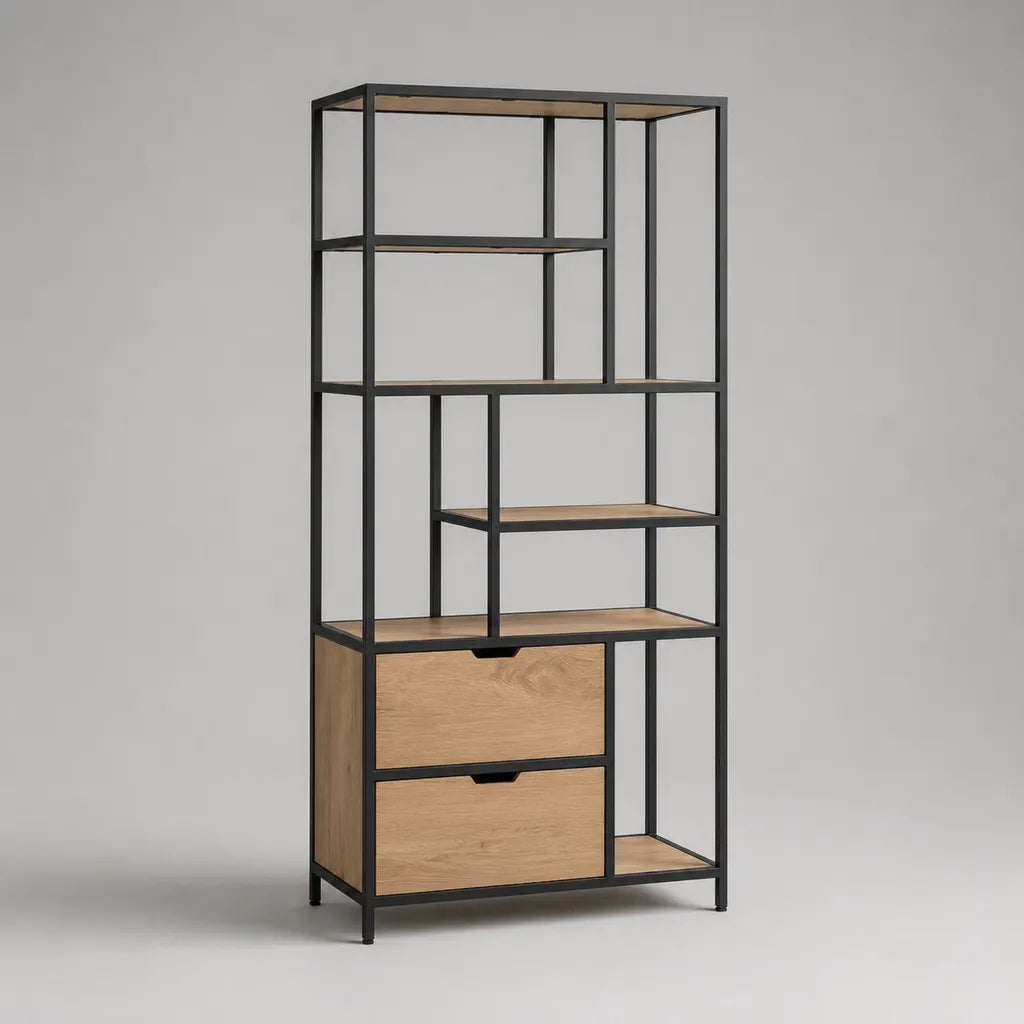 Bücherregal mit 2 Schubladen aus Stahl und Spanplatte, Schwarz/Eiche natur, 80 × 30 × 180 cm