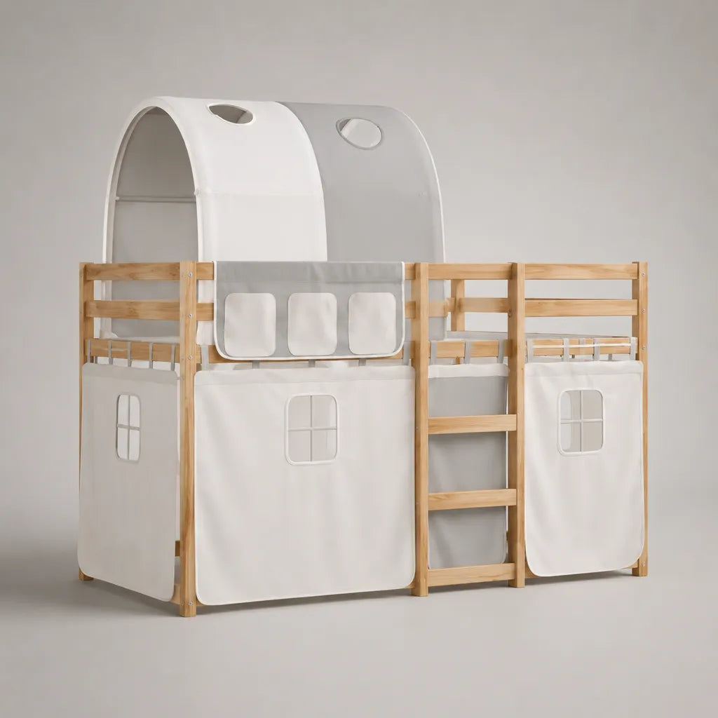 Kinderhochbett 90 x 200 cm aus Holz mit Leiter, Spielvorhang und Dach, Natur/Weiß, 207 x 97 x 220 cm