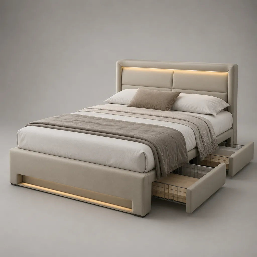 Polsterbett mit 2 Schubladen und LED-Beleuchtung, Polyester-Mikrofaser, Beige, 160 × 200 cm