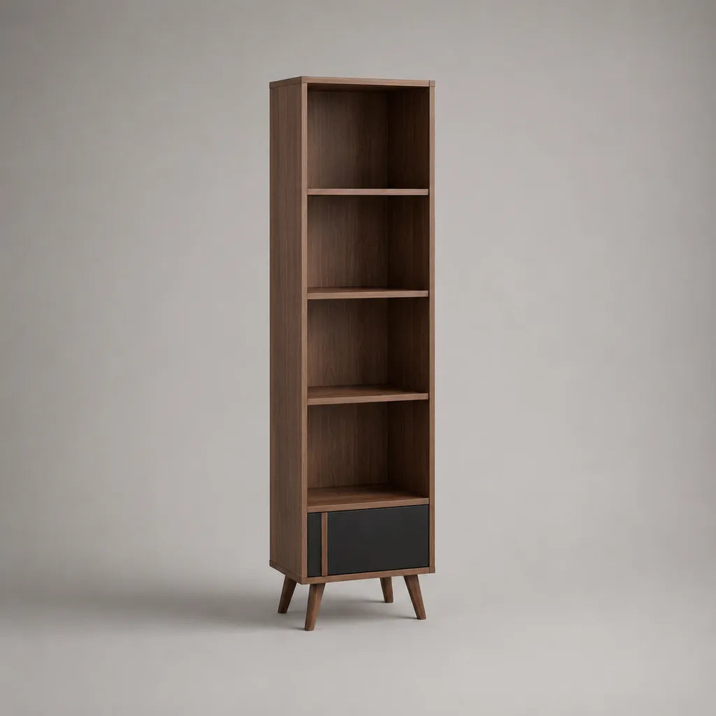 Bücherregal aus Spanplatte mit 4 offenen Fächern und Schiebetür, Braun und Schwarz, 45 × 35 × 180 cm