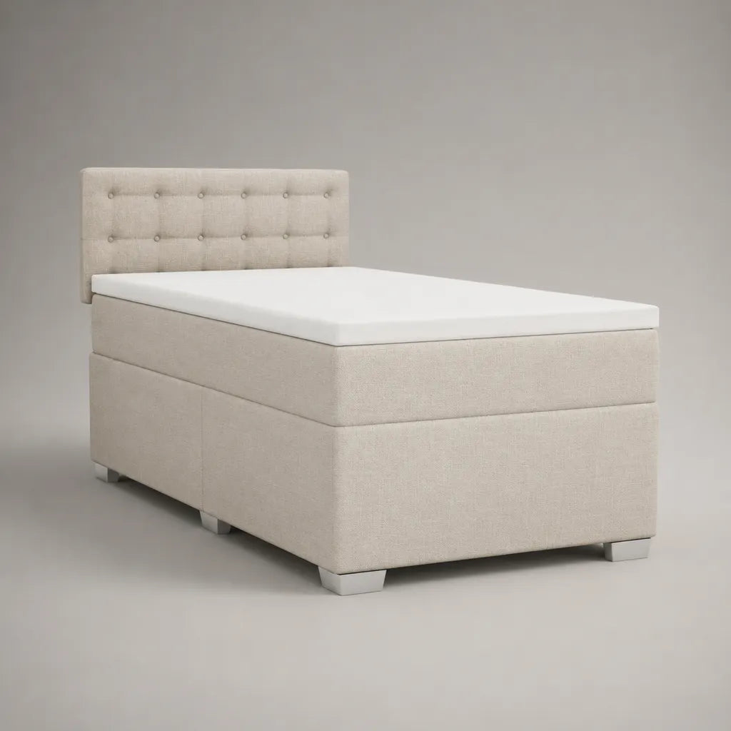 Boxspringbett-Komplettset 90 x 200 cm, Gesamtmaß ca. 210 x 100 x 110 cm, Polyesterbezug Beige, mit Taschenfederkernmatratze und Topper