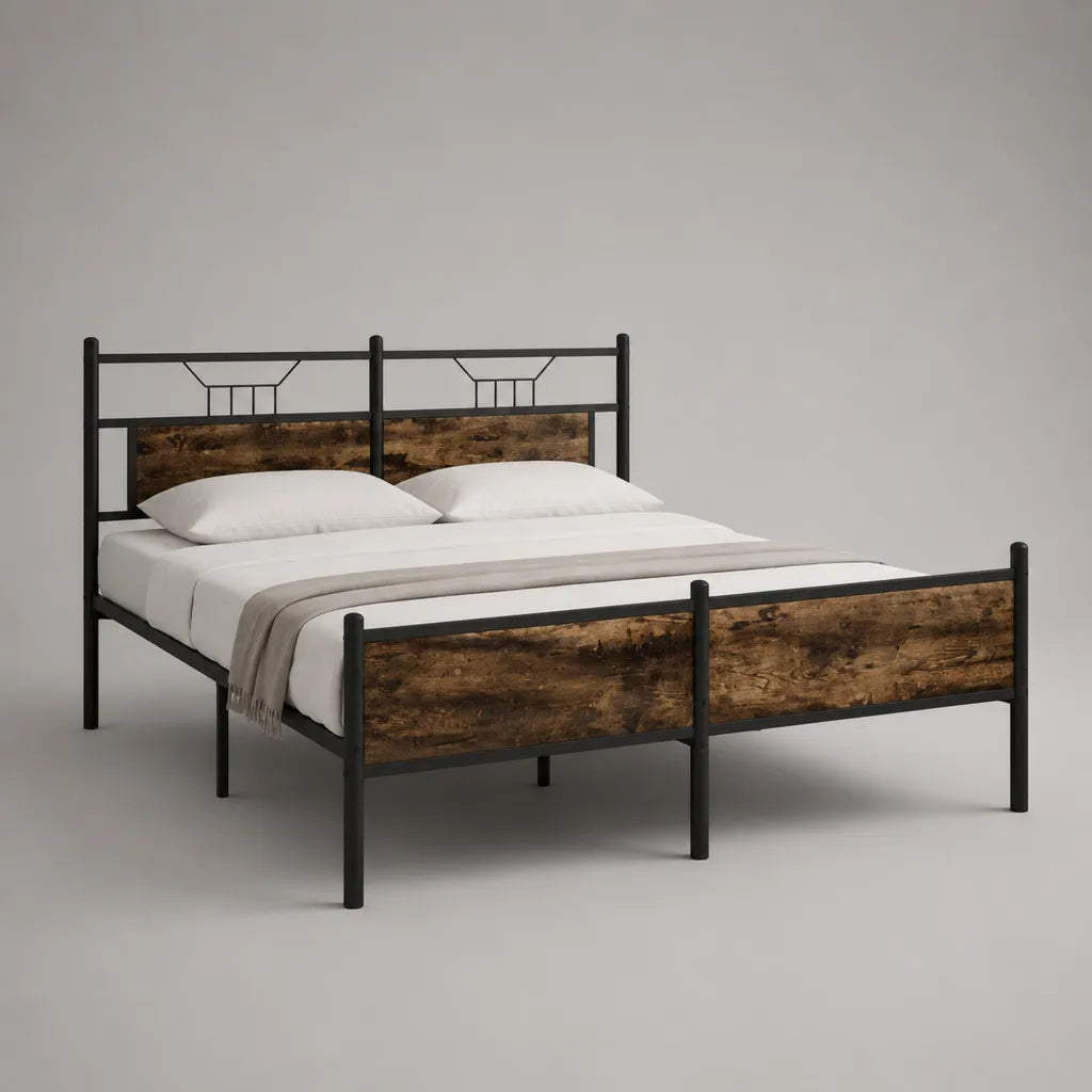 Metallbettgestell Doppelbett aus Stahl und Spanplatte, Schwarz/Braun, Liegefläche 140 × 200 cm