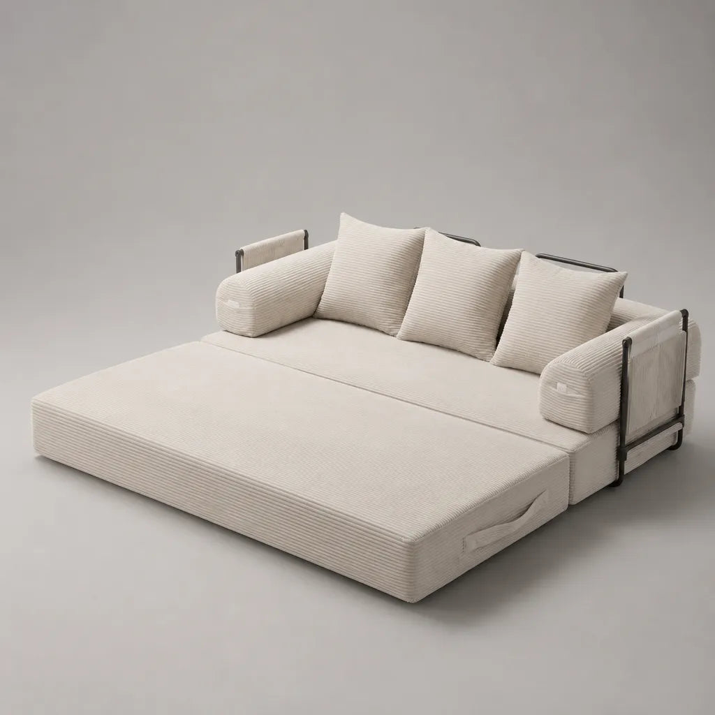 2-Sitzer-Schlafsofa mit Ausziehbett, Cordbezug und Stahlrahmen, Creme/Schwarz, 202 × 92 × 82 cm, Liegefläche 160 × 190 cm